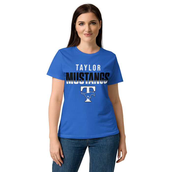 Lady wearing Taylor High School Mustangs Women's Royal Blue SoftStyle T-shirt 024