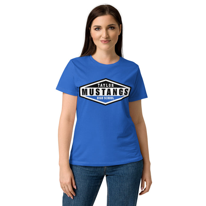 Lady wearing Taylor High School Mustangs Women's Royal Blue SoftStyle T-shirt 009