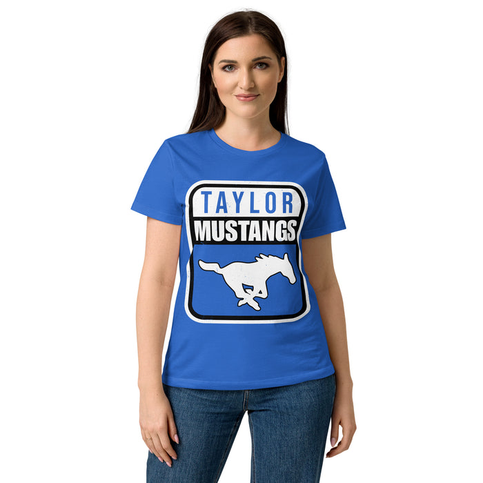 Lady wearing Taylor High School Mustangs Women's Royal Blue SoftStyle T-shirt 001