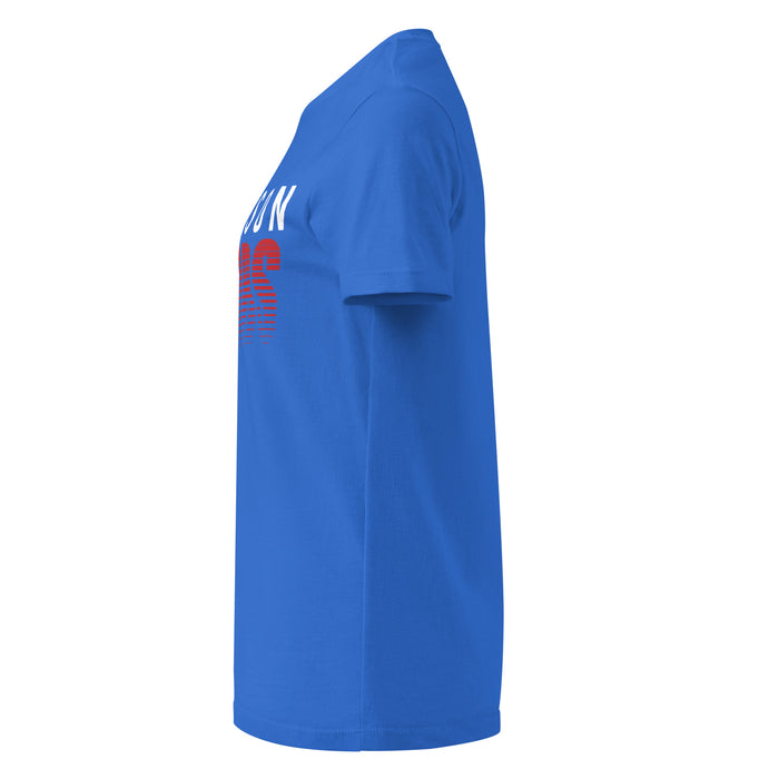 Side view of Dickinson High School Gators Women's Royal Blue SoftStyle T-shirt 024