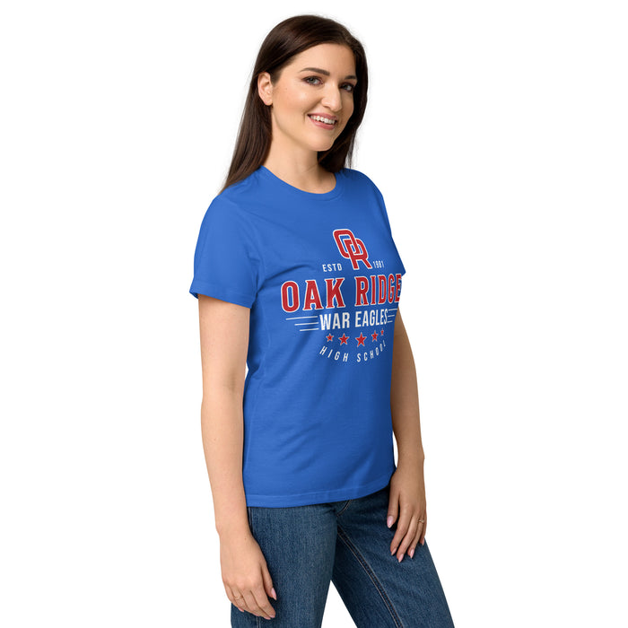 Side view of Oak Ridge High School War Eagles Women's Royal Blue SoftStyle T-shirt 217