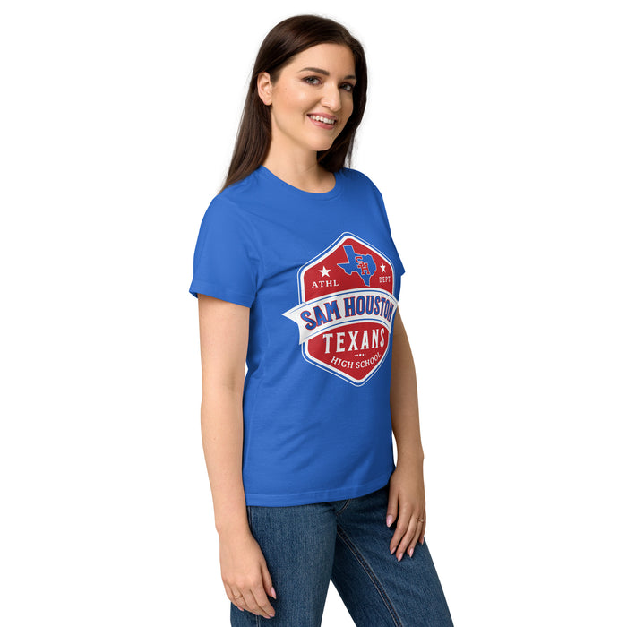 Side view of Sam Houston High School Texans Women's Royal Blue SoftStyle T-shirt 209