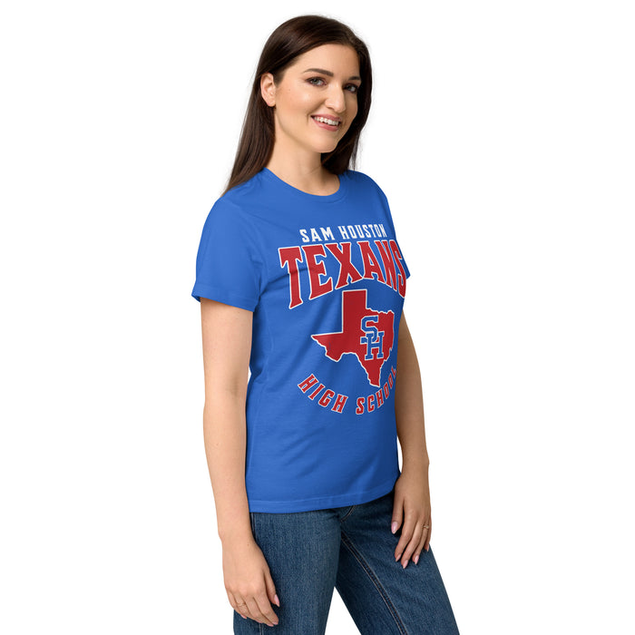 Woman wearing Sam Houston High School Texans Women's Royal Blue SoftStyle T-shirt 213