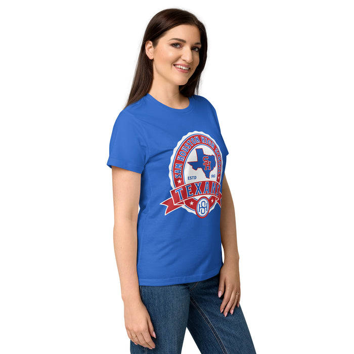 Side view of Sam Houston High School Texans Women's Royal Blue SoftStyle T-shirt 212