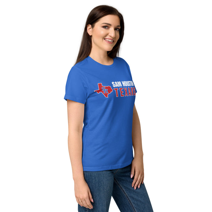 Side view of Sam Houston High School Texans Women's Royal Blue SoftStyle T-shirt 200