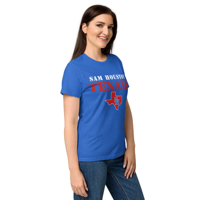 Side view of Sam Houston High School Texans Women's Royal Blue SoftStyle T-shirt 017