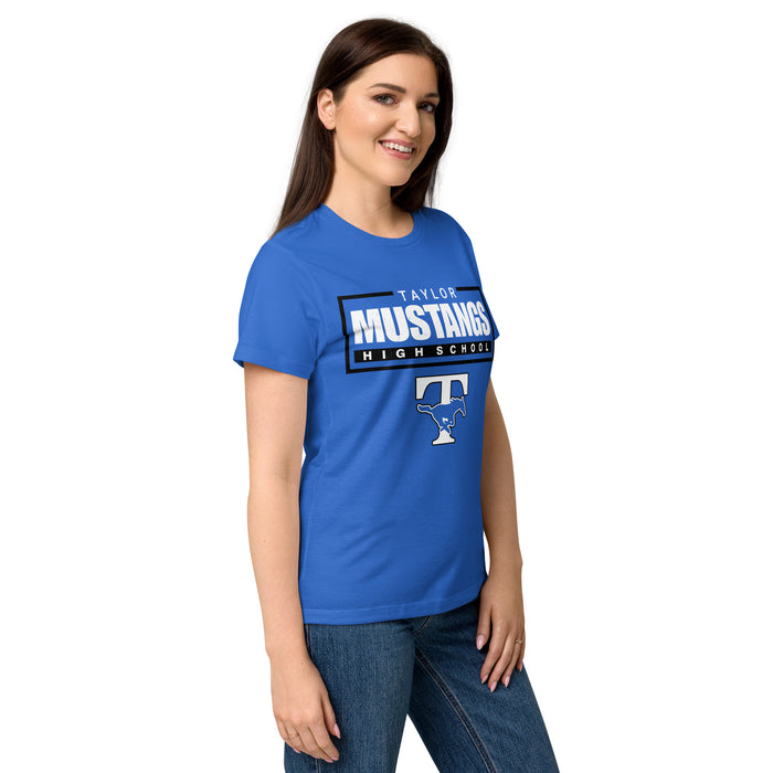 Side view of Taylor High School Mustangs Women's Royal Blue SoftStyle T-shirt 049