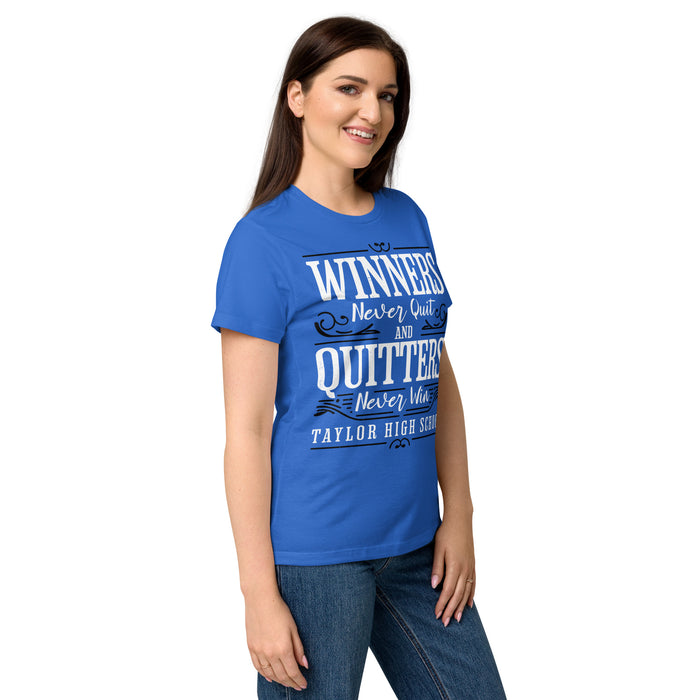 Side view of Taylor High School Mustangs Women's Royal Blue SoftStyle T-shirt 237
