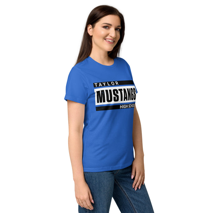 Side view of Taylor High School Mustangs Women's Royal Blue SoftStyle T-shirt 098