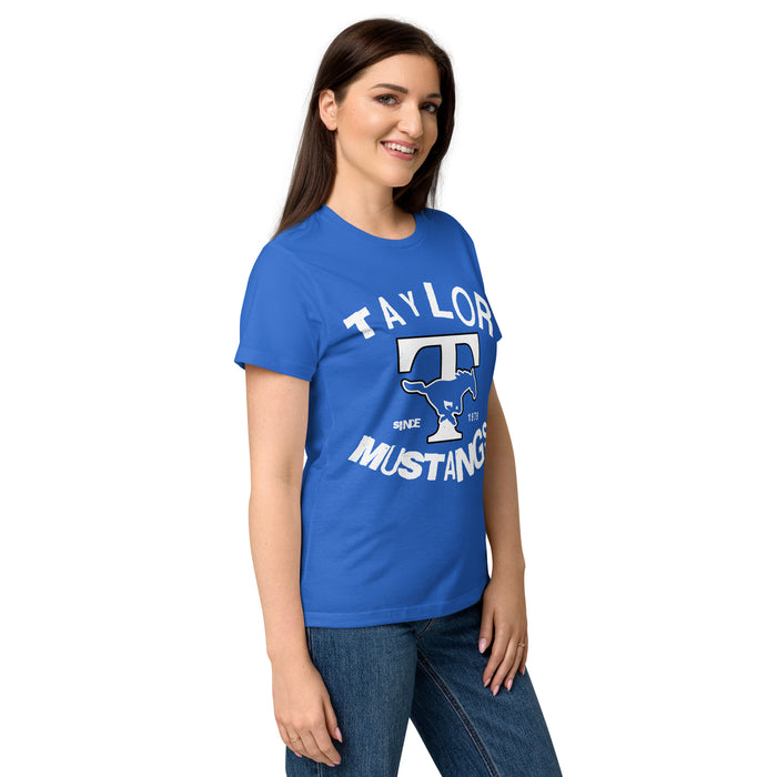 Side view of Taylor High School Mustangs Women's Royal Blue SoftStyle T-shirt 228