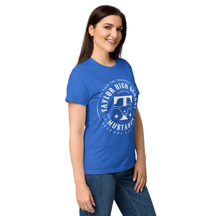 Side view of Taylor High School Mustangs Women's Royal Blue SoftStyle T-shirt 214