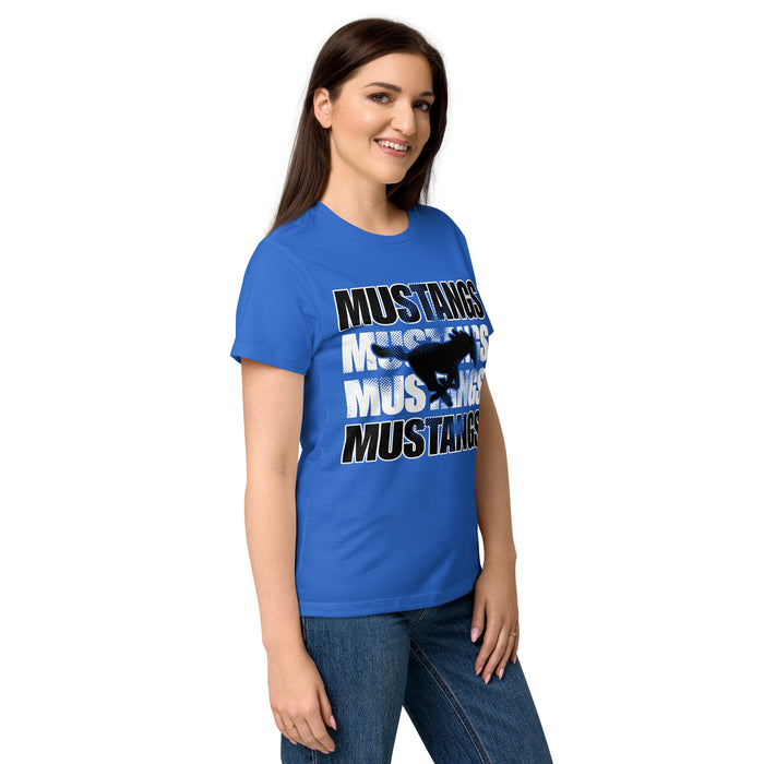 Side view of Taylor High School Mustangs Women's Royal Blue SoftStyle T-shirt 233