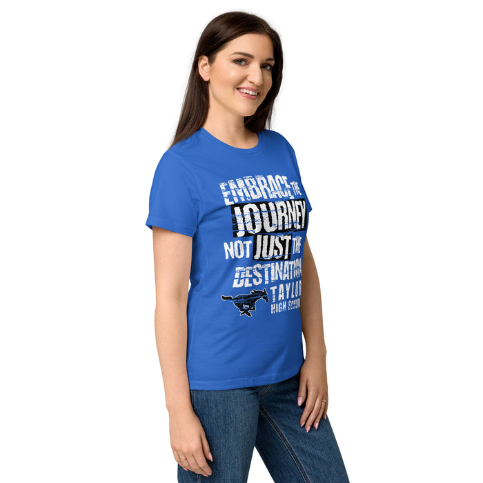 Side view of Taylor High School Mustangs Women's Royal Blue SoftStyle T-shirt 232