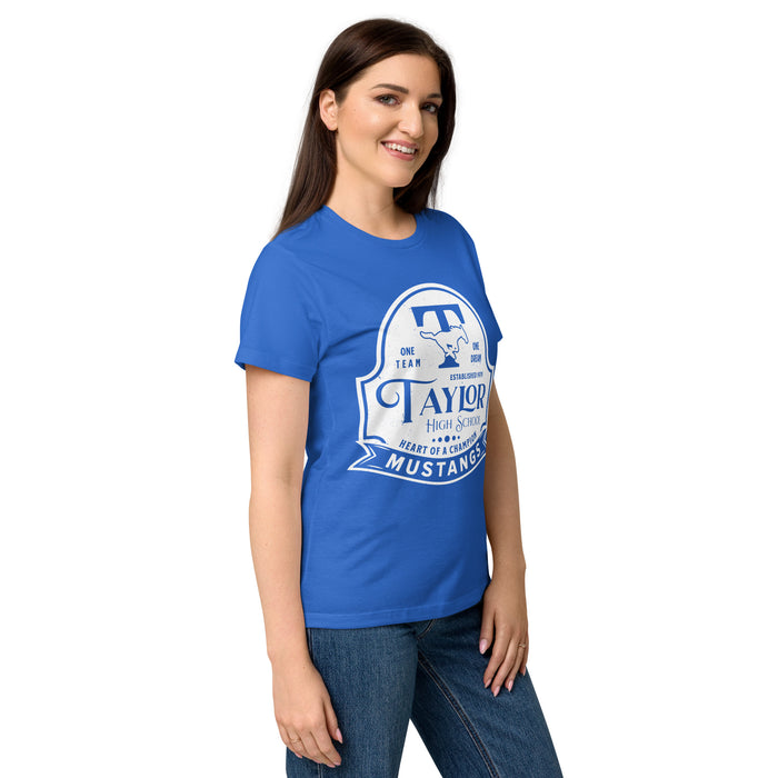 Side view of Taylor High School Mustangs Women's Royal Blue SoftStyle T-shirt 219