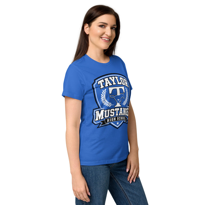 Side view of Taylor High School Mustangs Women's Royal Blue SoftStyle T-shirt 020