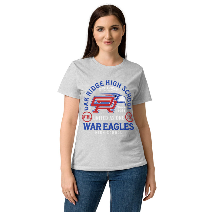 Lady wearing Oak Ridge High School War Eagles Women's Grey SoftStyle T-shirt 208
