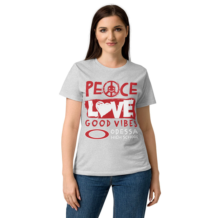 Woman wearing Odessa High School Bronchos Women's Grey SoftStyle T-shirt 240