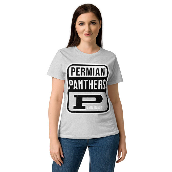 Lady wearing Permian High School Panthers Women's Grey SoftStyle T-shirt 001