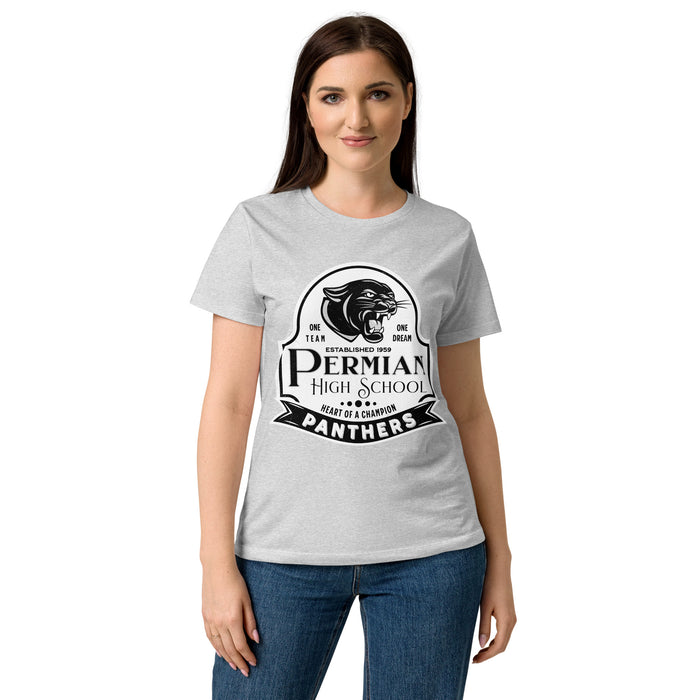 Lady wearing Permian High School Panthers Women's Grey SoftStyle T-shirt 219