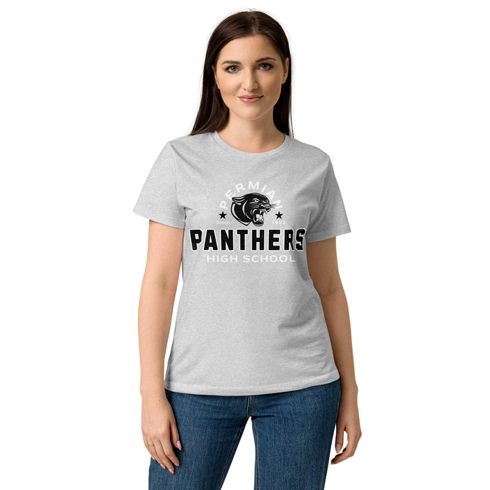 Lady wearing Permian High School Panthers Women's Grey SoftStyle T-shirt 222