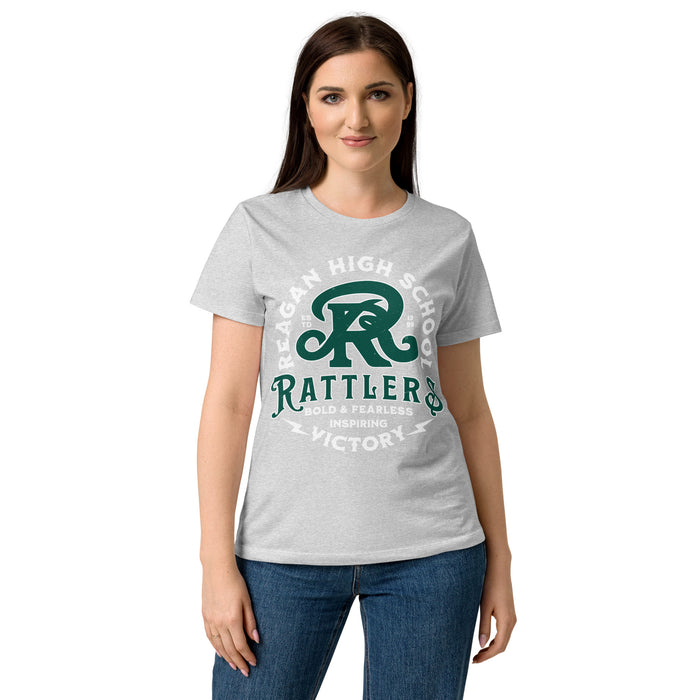 Woman wearing Reagan High School Rattlers Women's Grey SoftStyle T-shirt 206