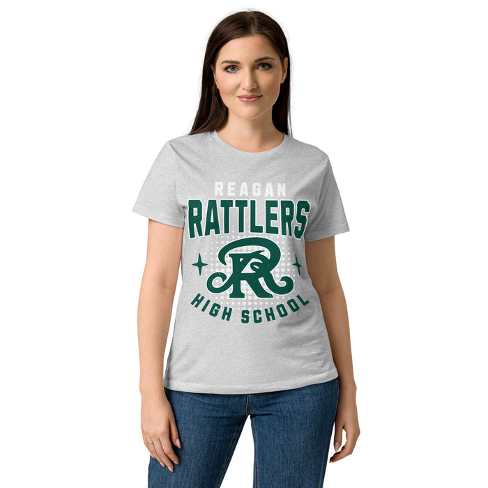 Front view of Reagan High School Rattlers Women's Grey SoftStyle T-shirt 204