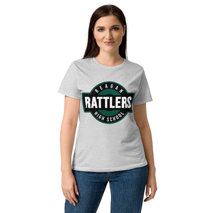 Front view of Reagan High School Rattlers Women's Grey SoftStyle T-shirt 098