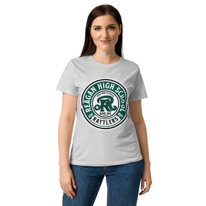 Front view of Reagan High School Rattlers Women's Grey SoftStyle T-shirt 220