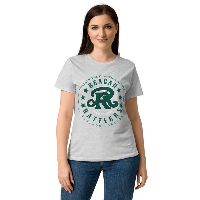 Woman wearing Reagan High School Rattlers Women's Grey SoftStyle T-shirt 214