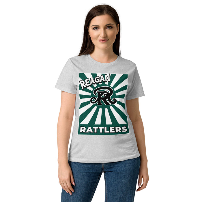 Front view of Reagan High School Rattlers Women's Grey SoftStyle T-shirt 226