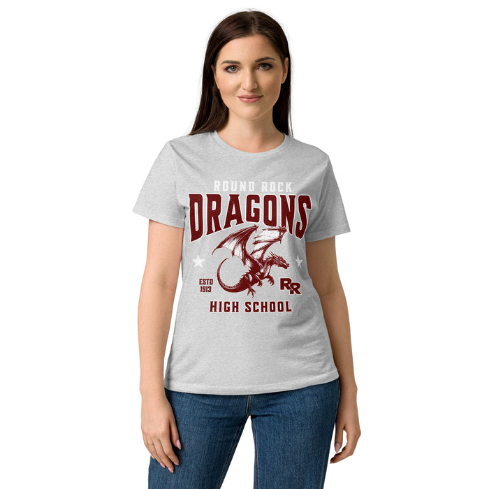 Front view of Round Rock High School Dragons Women's Grey SoftStyle T-shirt 213