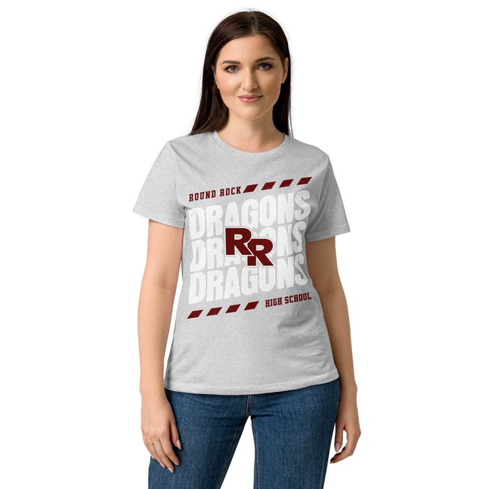 Woman wearing Round Rock High School Dragons Women's Grey SoftStyle T-shirt 223