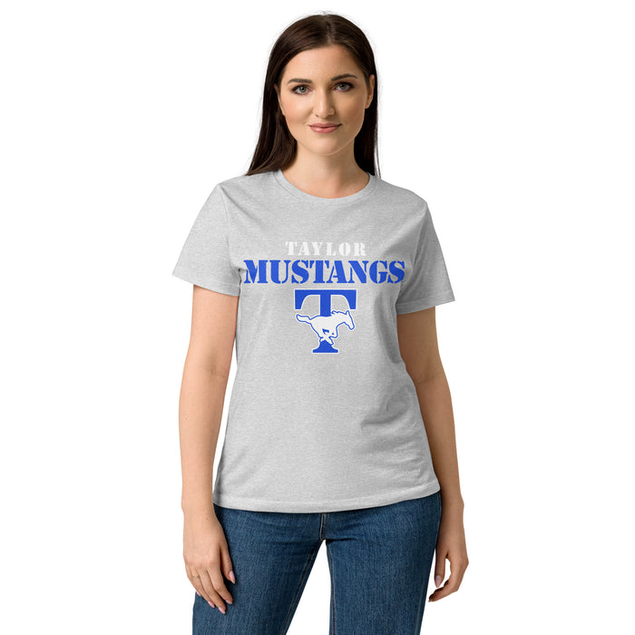 Front view of Taylor High School Mustangs Women's Grey SoftStyle T-shirt 017