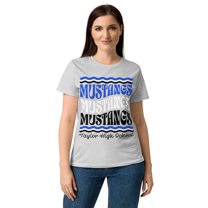 Female wearing Taylor High School Mustangs Women's Grey SoftStyle T-shirt 227
