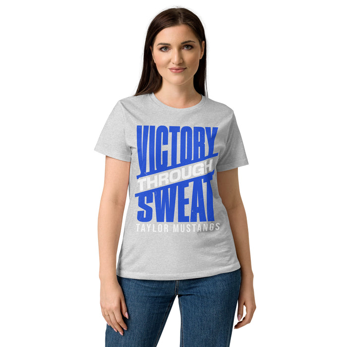 Lady wearing Taylor High School Mustangs Women's Grey SoftStyle T-shirt 241