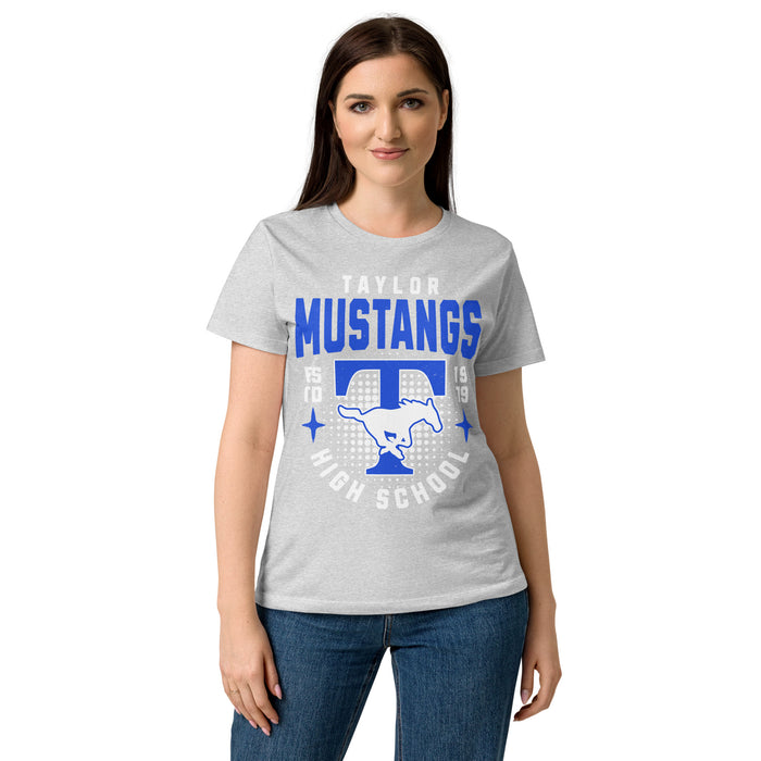 Female wearing Taylor High School Mustangs Women's Grey SoftStyle T-shirt 204