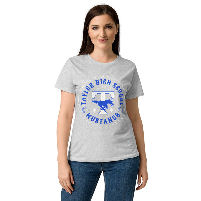 Lady wearing Taylor High School Mustangs Women's Grey SoftStyle T-shirt 214
