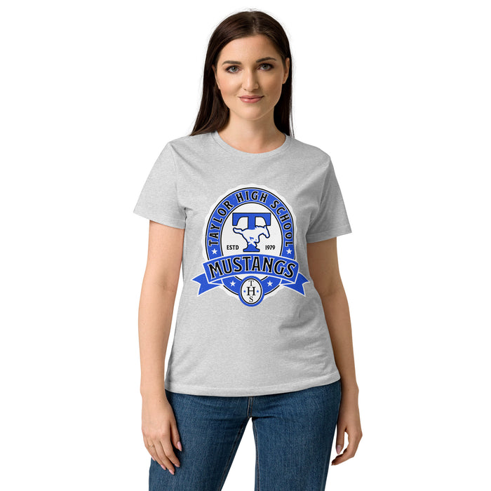 Student wearing Taylor High School Mustangs Women's Grey SoftStyle T-shirt 212