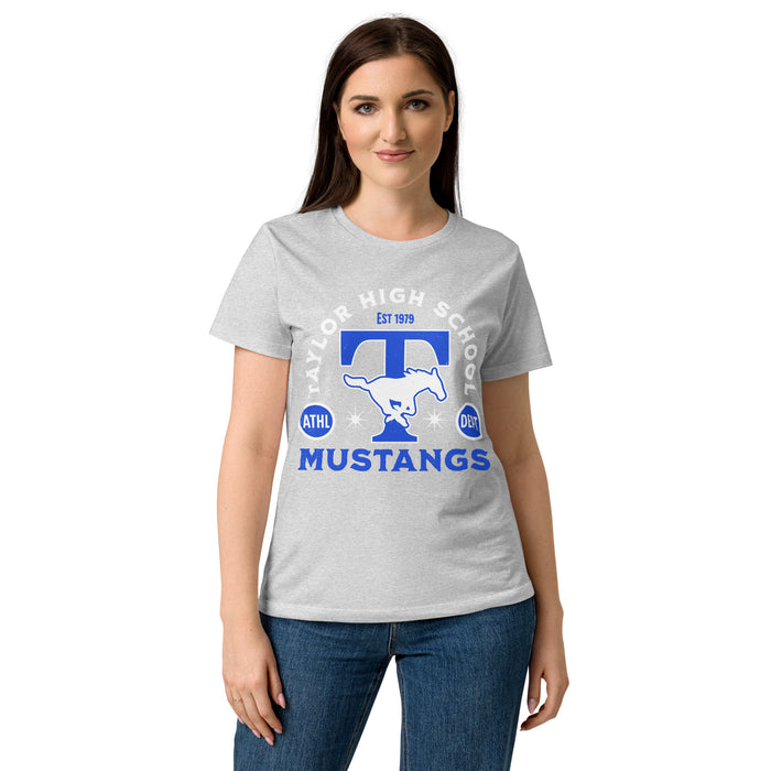 Front view of Taylor High School Mustangs Women's Grey SoftStyle T-shirt 208