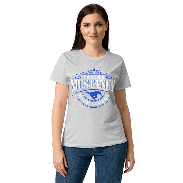 Lady wearing Taylor High School Mustangs Women's Grey SoftStyle T-shirt 211