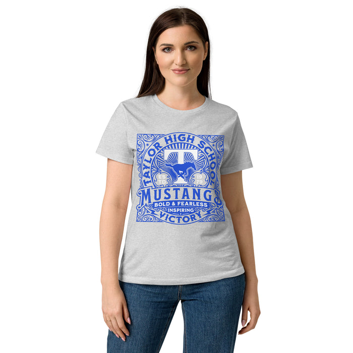 Female wearing Taylor High School Mustangs Women's Grey SoftStyle T-shirt 206