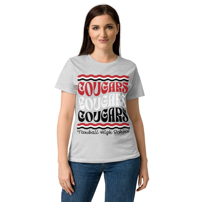 Woman wearing Tomball High School Cougars Women's Grey SoftStyle T-shirt 227