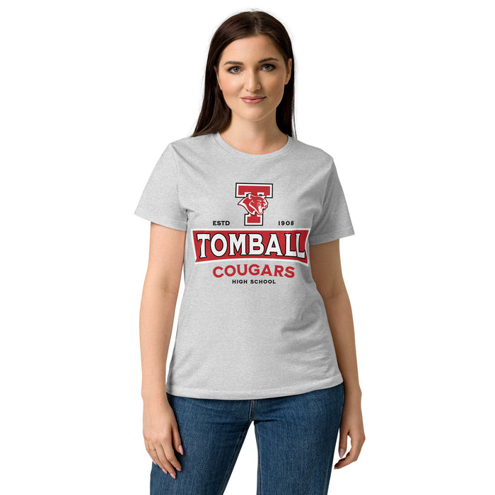 Woman wearing Tomball High School Cougars Women's Grey SoftStyle T-shirt 202