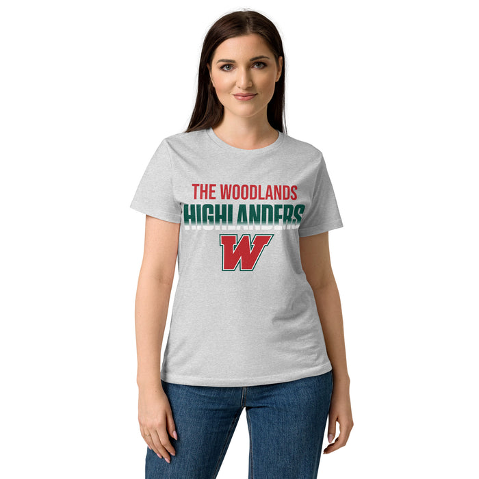 Lady wearing The Woodlands High School Highlanders Women's Sport Grey SoftStyle T-shirt 024