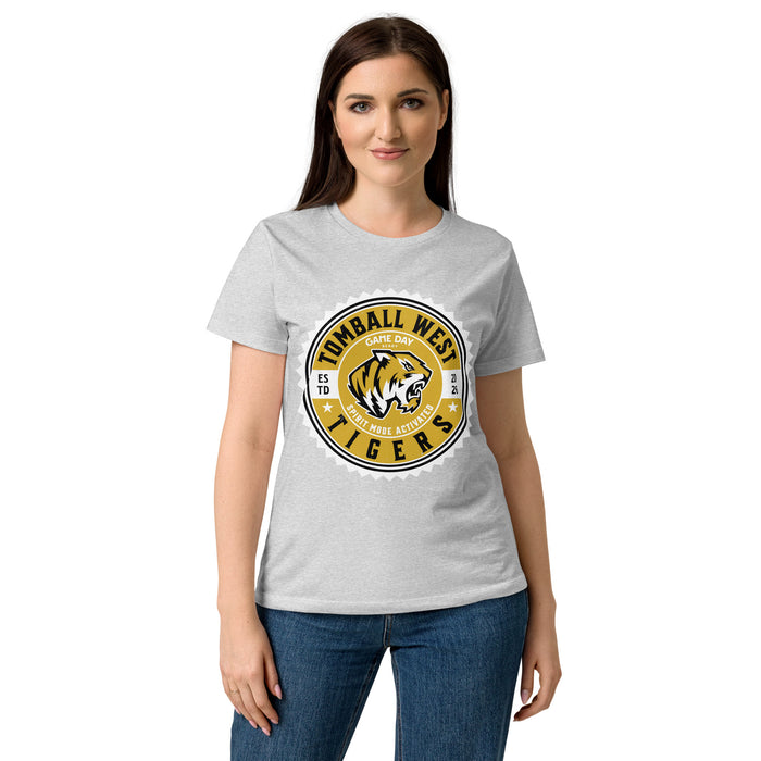 Woman wearing Tomball West High School Tigers Women's Grey SoftStyle T-shirt 203