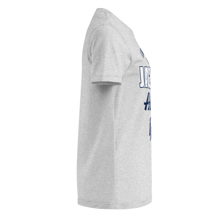 Side view of Flower Mound High School Jaguars Women's Sport Grey SoftStyle T-shirt 034