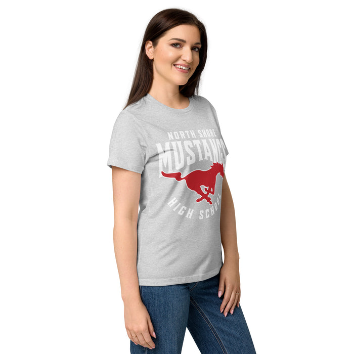 Side view of North Shore High School Mustangs Women's Grey SoftStyle T-shirt 213