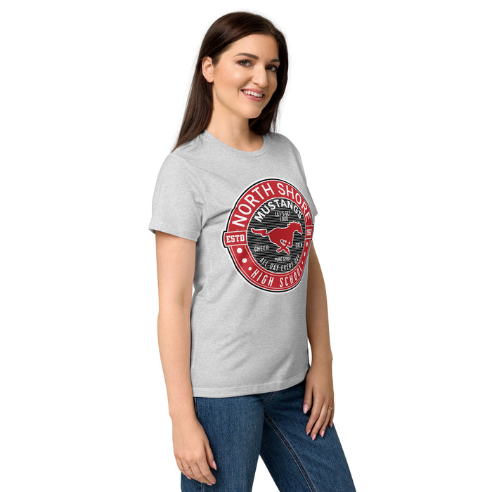 Side view of North Shore High School Mustangs Women's Grey SoftStyle T-shirt 224