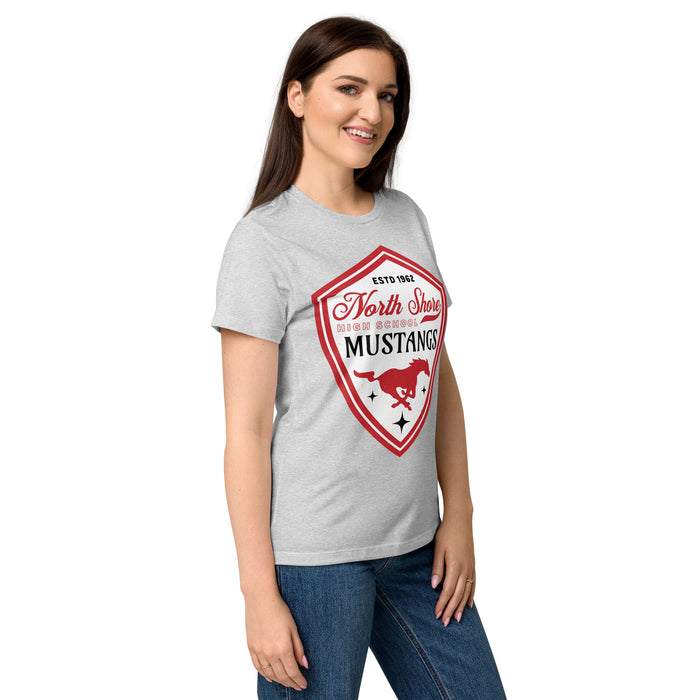 Side view of North Shore High School Mustangs Women's Grey SoftStyle T-shirt 225
