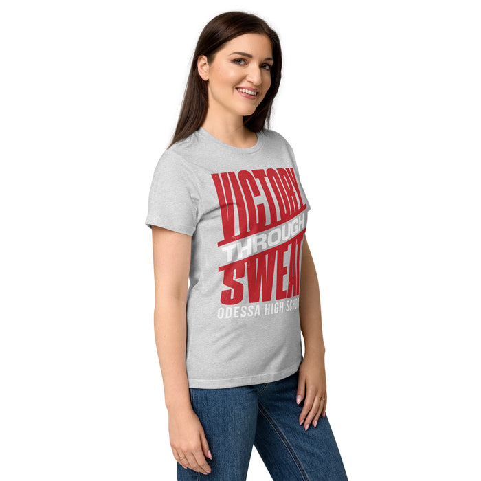Side view of Odessa High School Bronchos Women's Grey SoftStyle T-shirt 241